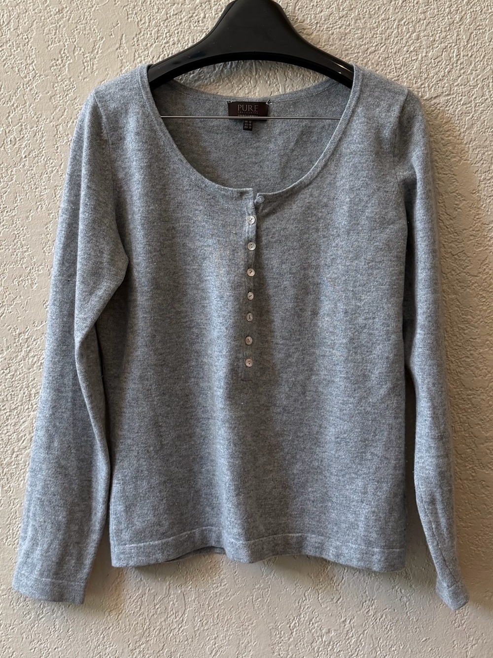 Pure Collection Cashmere Henley Sweater Size 6 Gray Quiet Luxury